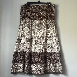 100% Cotton Brown and White Floral/Flower Pattern Flowy Boho Midi Skirt w Lining